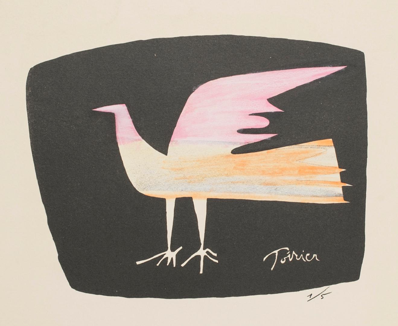 Bird is an original lithograph on ivory paper realized by Emanuel Poirier.

Signed on the plate, on the lower right.

Numbered, edition of 1/5 prints

The state of preservation is very good.

The artwork represents a colorful bird with a black