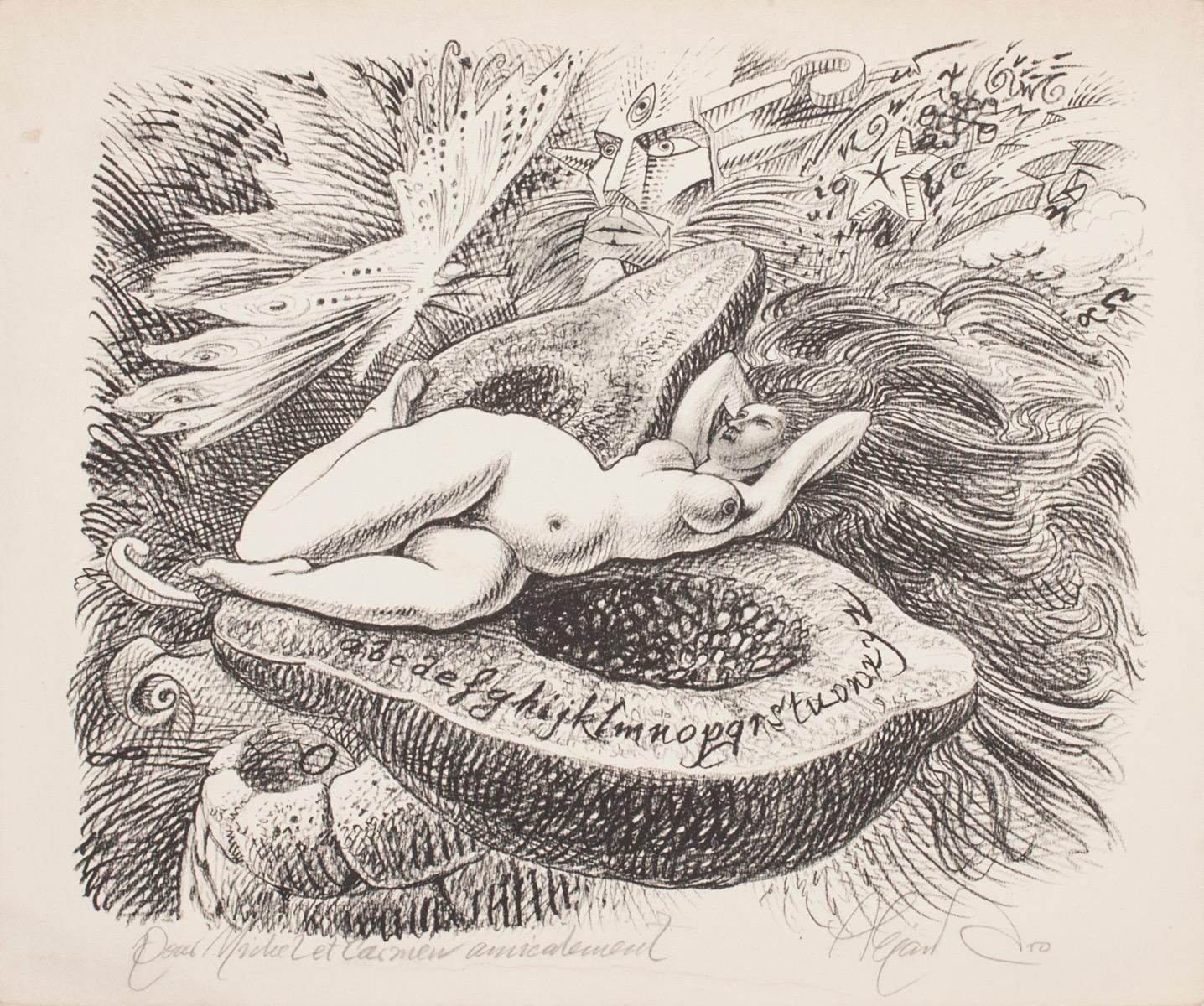Alesandro Ramon Nude Print – Nude und Mango – Original Lithographie auf Papier von Alejandro Ramon – 1943