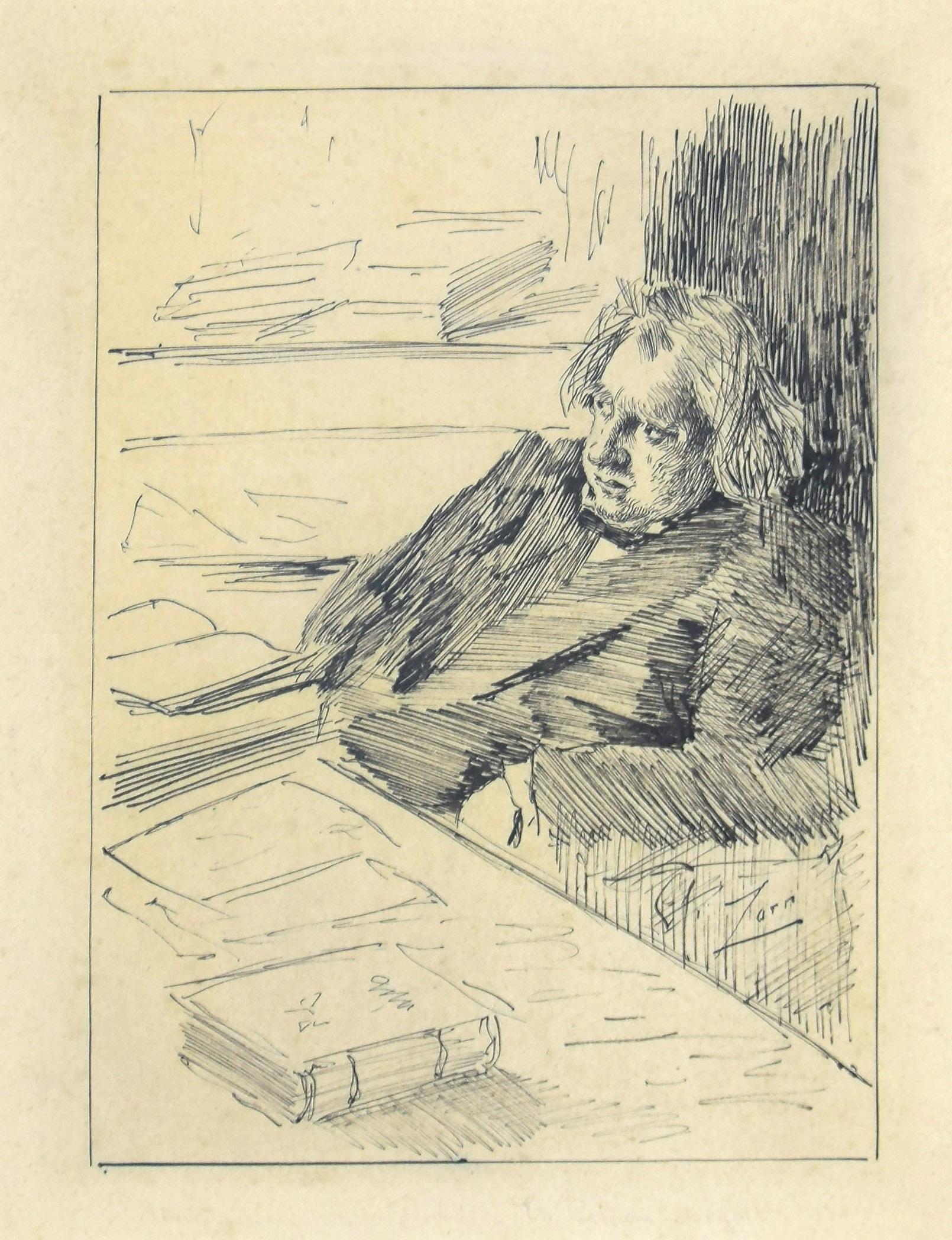 Anders Zorn Figurative Art - Portrait - Drawing in Pen on Paper by Anders Leonard Zorn - 19th Century