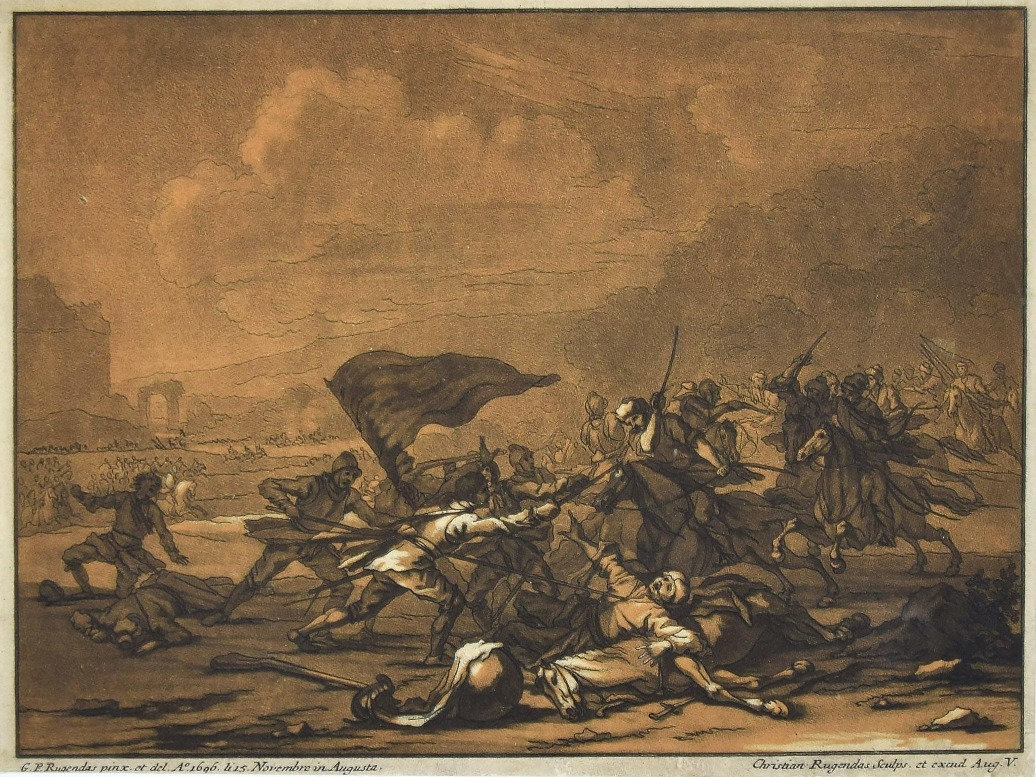 Battle Scene is an etching artwork realized by Johan Christian Rugendas (1706-1781). Edition d'Apres George Philip Rugendas (1606-1742).

Signed on the plate.

Good conditions and aged.

Included a Passepartout: 32 x 45 cm.

The artwork represents a