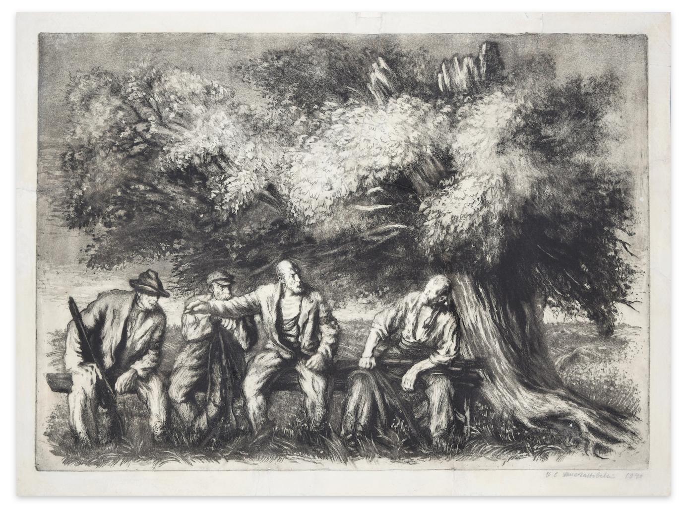 Cazadores es un aguafuerte original sobre papel realizado en 1940 por Mario Altobelli.

Firmado a mano en la parte inferior derecha a lápiz y fechado.

El estado de conservación de la obra es bueno, con algunas rayas en los márgenes que no afectan a