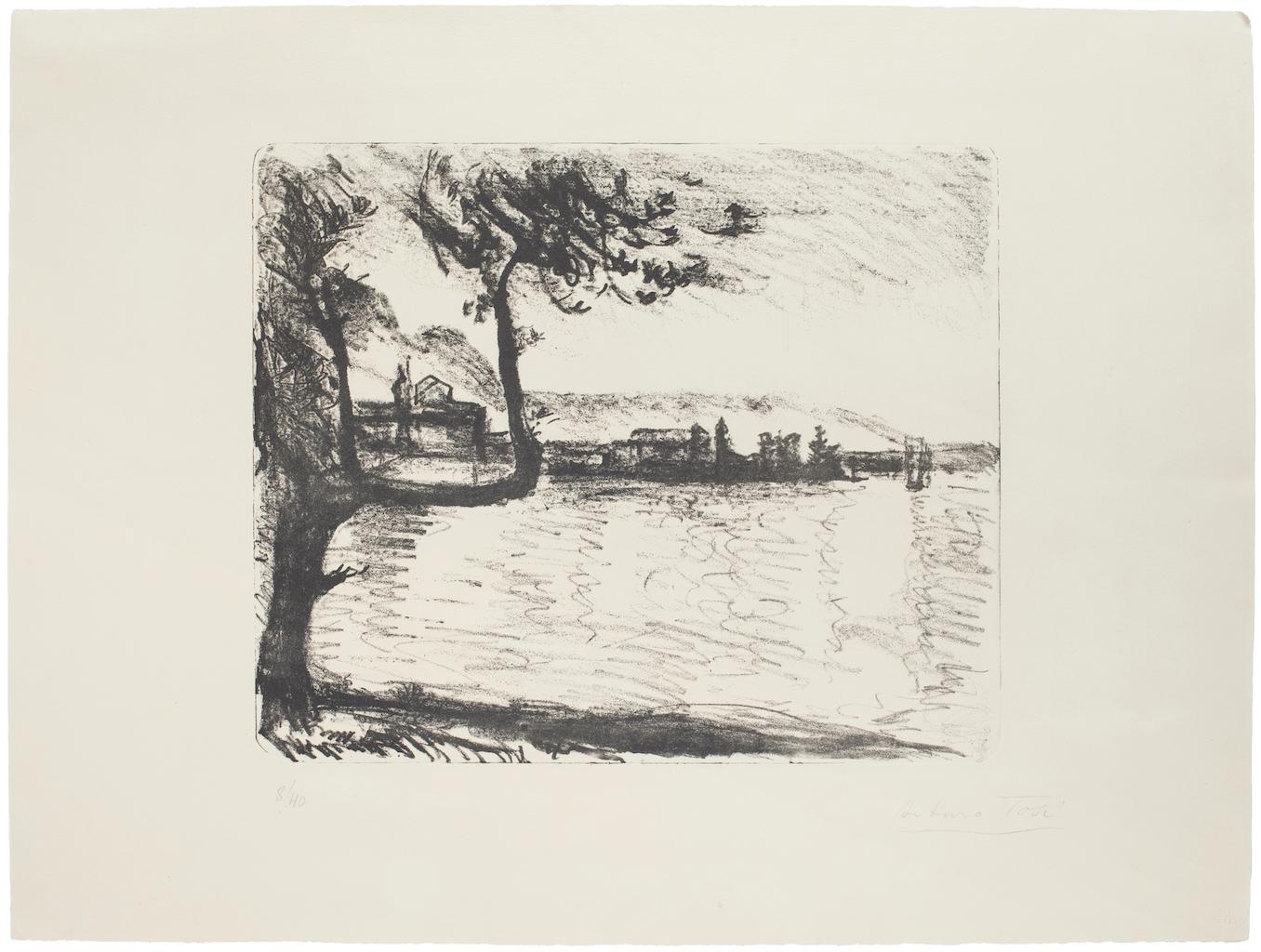 Landscape is an original lithography artwork realized by Arturo Tosi.

Hand-signed on the lower right in pencil.

Numbered, edition of 8/40 prints.

The state of preservation is good.

The artwork represents a beautiful scenery of a lake with a tree