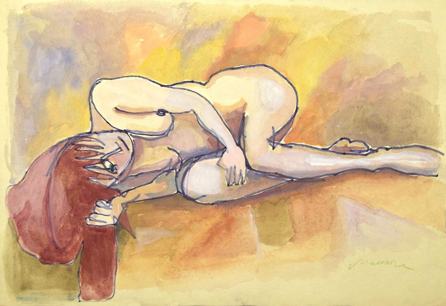 Le nu couché est une œuvre d'art originale réalisée par Mino Maccari dans les années 1960.

Dessin coloré en techniques mixtes (encre et aquarelle) sur papier. 

Signé à la main au crayon par l'artiste dans la marge inférieure. 

Bonnes conditions à