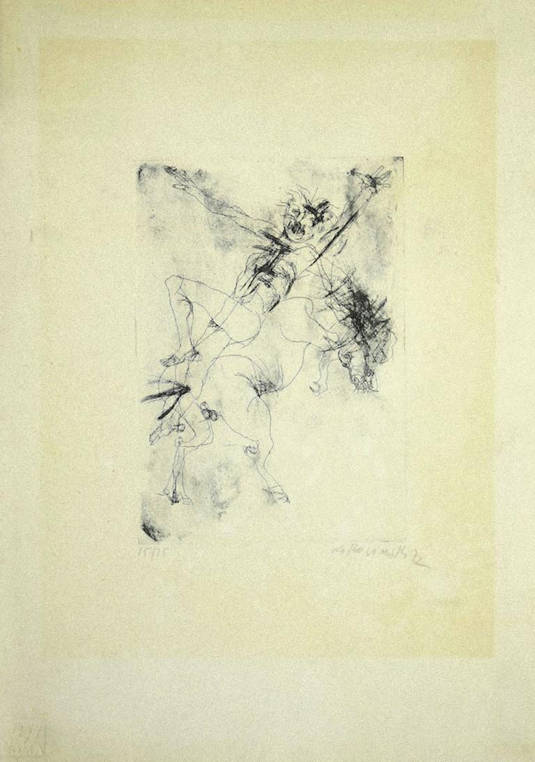 Rider is original etching on paper, realized by Alessandro Kokocinski in 1972.

Hand-signed on the lower right and dated. Numbered on the lower left in pencil. Edition of 15/25 prints.

In good conditions except for small folding on the lower left