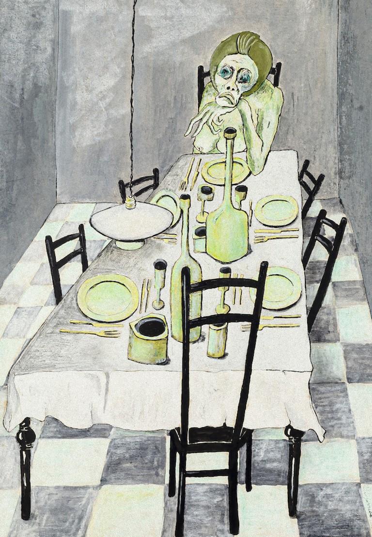 Familie auf dem Tisch – Tempera auf Karton von Fabio Carriba – 1966