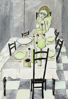 Familia en la mesa - Témpera sobre cartón por Fabio Carriba - 1966