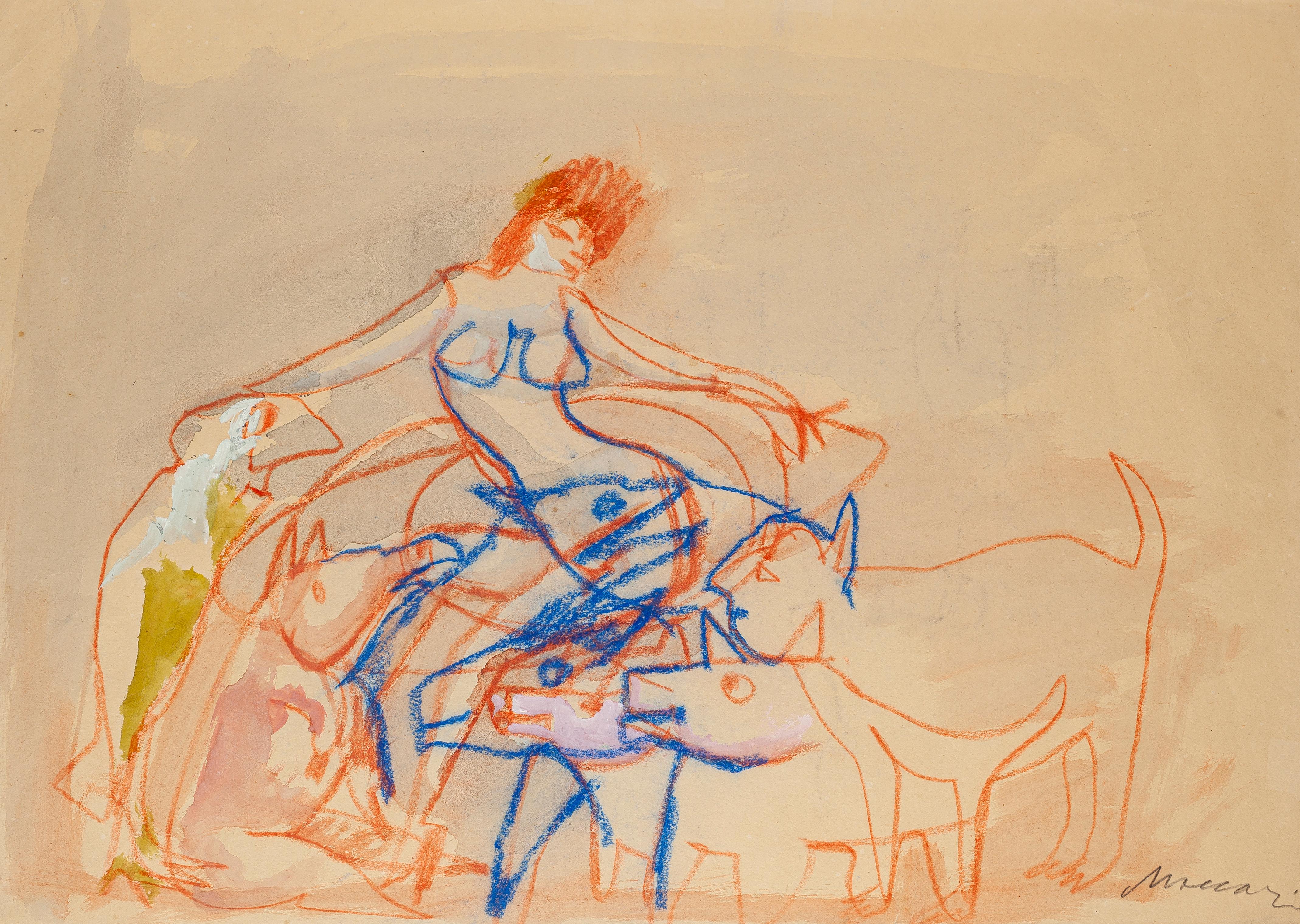 Nude with Dogs - Original Mixed Media r by M. Maccari - 1950s - Mixed Media Art by  Mino Maccari