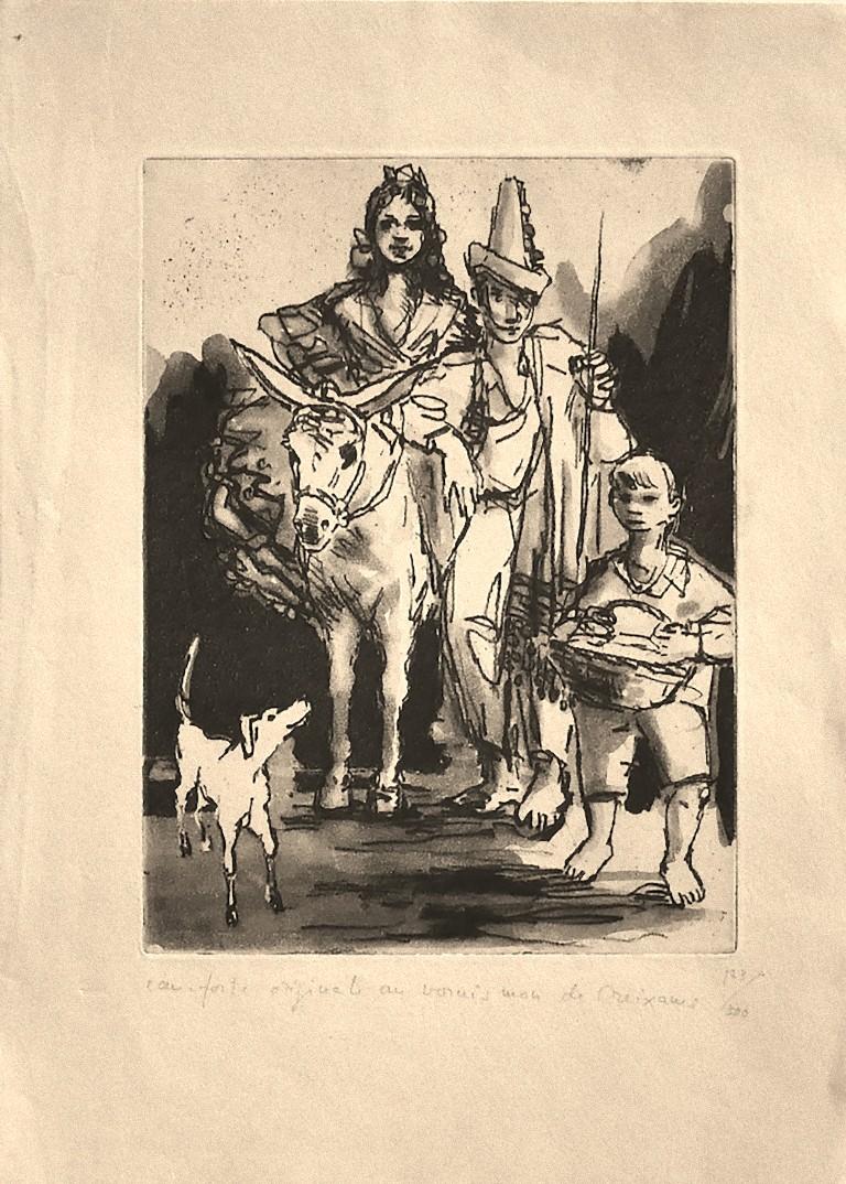 Familia española - Aguafuerte original de Pere Créixams - Siglo XX