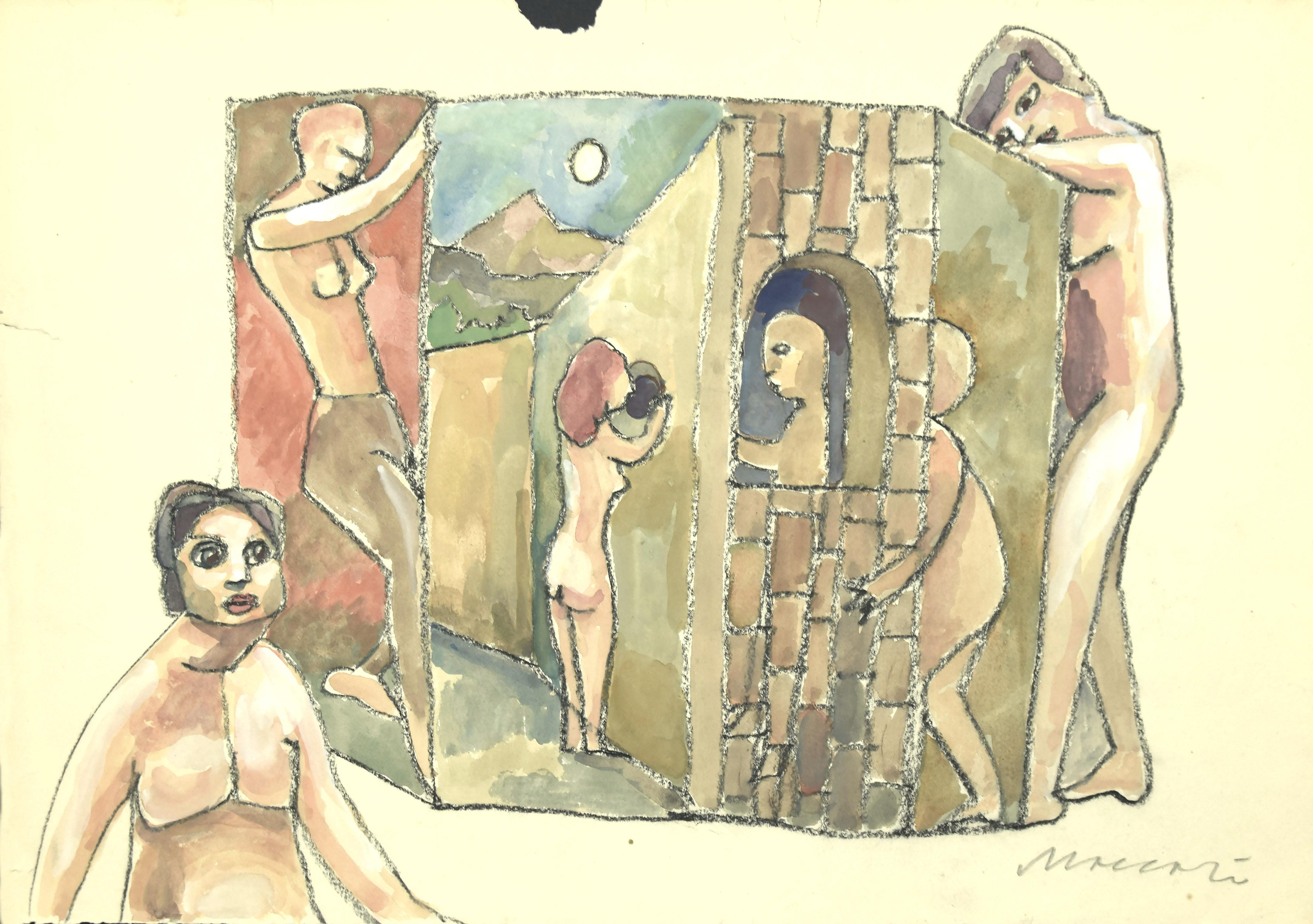 "The House under Constrution"  is an original hand colored drawing in charcoal and watercolor on ivory-colorated paper by Mino Maccari (1898-1989).
In good conditions: only small tear at the top on the edges of the work.

Sheet dimension: 35 x 50