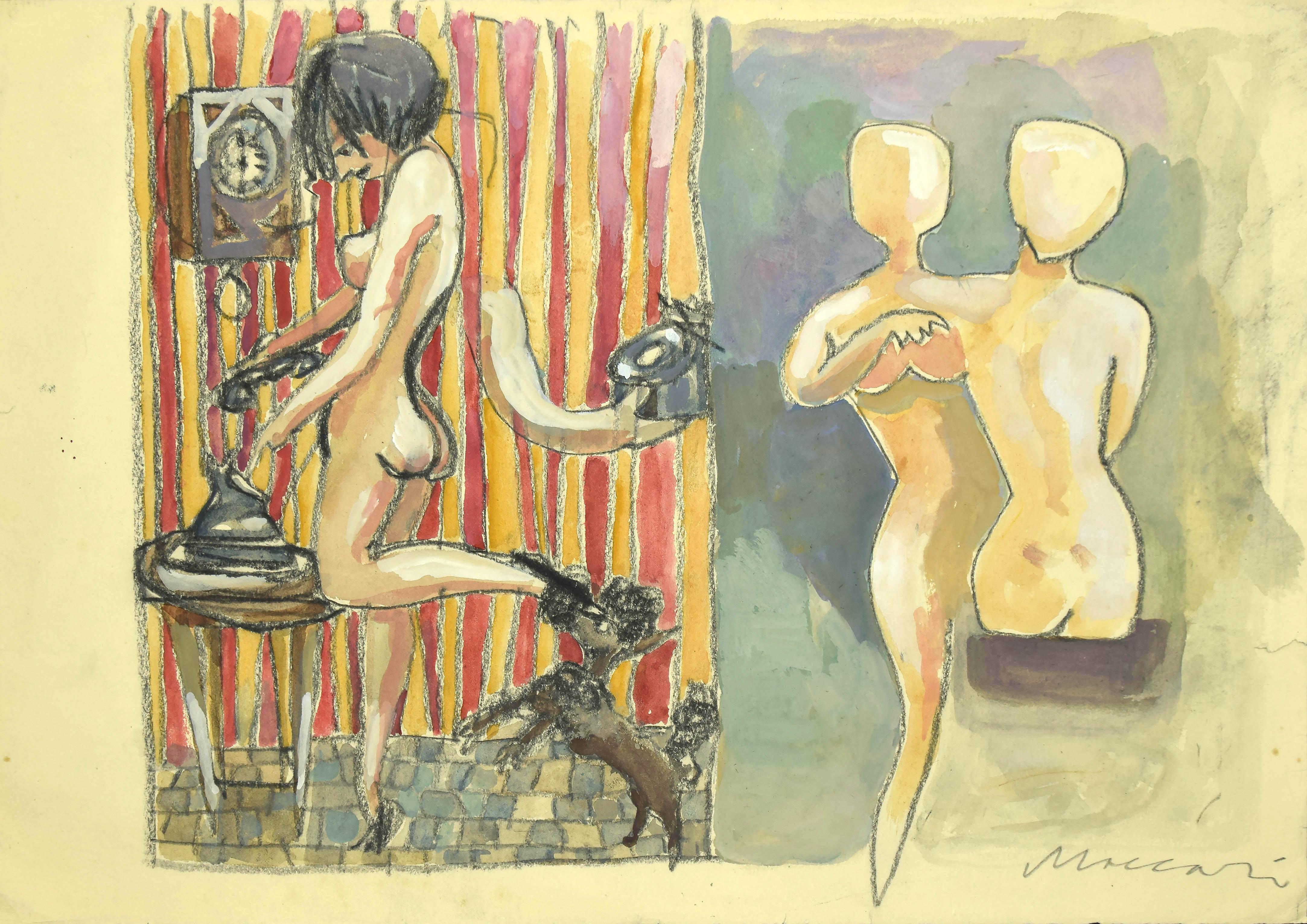 "The Phone Rings"  is an original hand colored drawing on ivory-colorated paper by Mino Maccari (1898-1989).
In excellent conditions: As good as new.

Sheet dimension: 35 x 50 cm.

This is an original drawing representing a nude woman who goes to