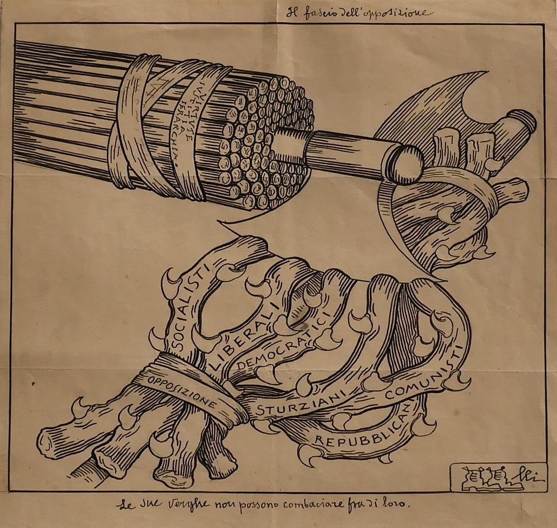 Opposizione è un disegno originale a inchiostro di china su carta, realizzato da Filiberto Scarpelli (Napoli, 1870 - Roma, 1933).

Firmato a mano dall'artista in inchiostro nero e con il disegno di due scarpe come suggerisce il cognome dell'autore