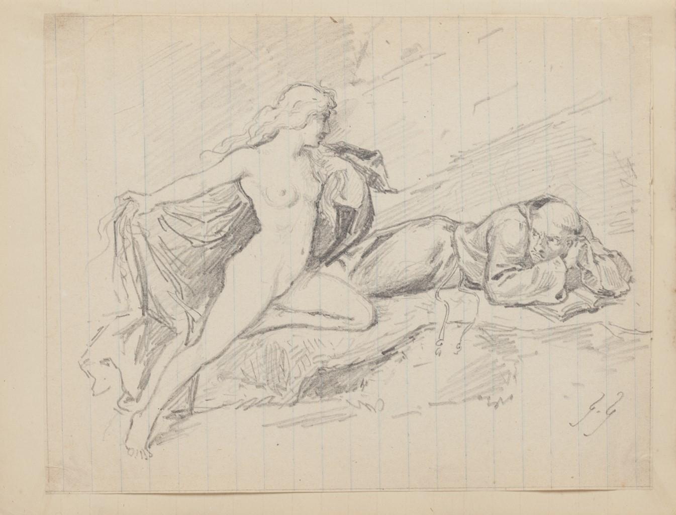 Gabriel Guèrin Nude - The Temptation - Original Drawing - 19th Century