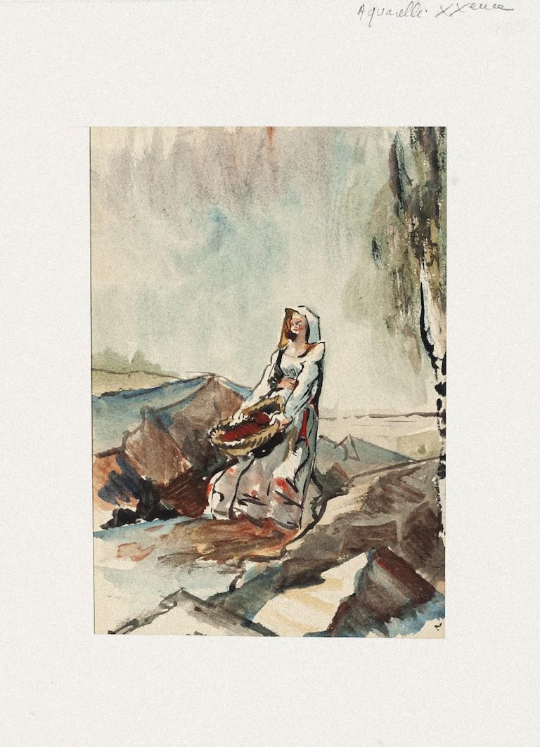 Woman is a watercolor on paper artwork realized by Pierre Laurent Brenot (1913-1998).

Good conditions, aged.

Passepartout included: 32 x 24.

Here the artwork represents a woman carrying a basket in vivid colors. The artwork is depicted skillfully