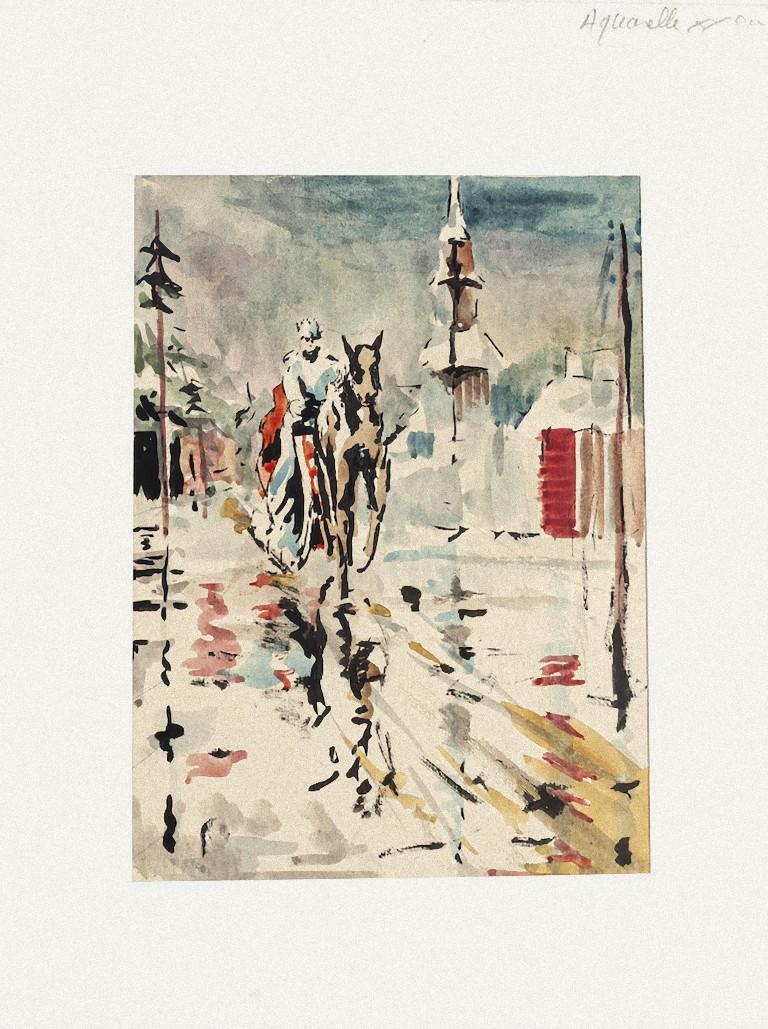 Rider is a watercolor on paper realized by Pierre Laurent Brenot (1913-1998).

Good conditions, aged.

Passepartout included: 32 x 24.

Here the artwork represents a rider coming forward. vivid colors. The artwork is depicted skillfully through