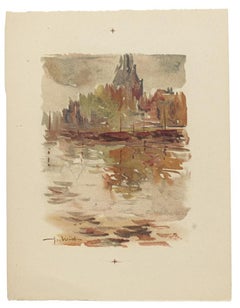 Retro Landscape - Watercolor on Paper by Pierre Laurent Brenot - Mid-20th Century