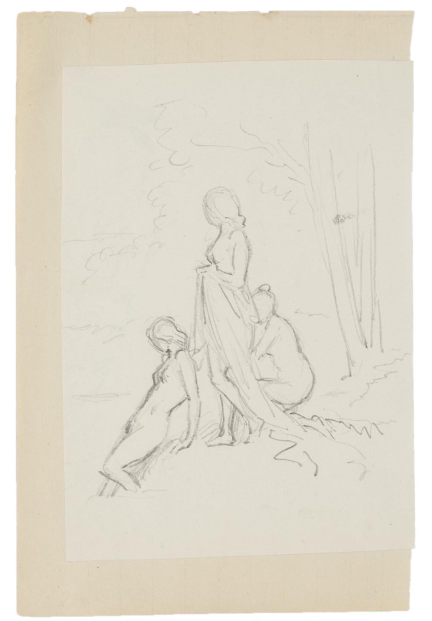 Unknown Nude - Group of Figures - Original Pencil Drawing - 20th Century