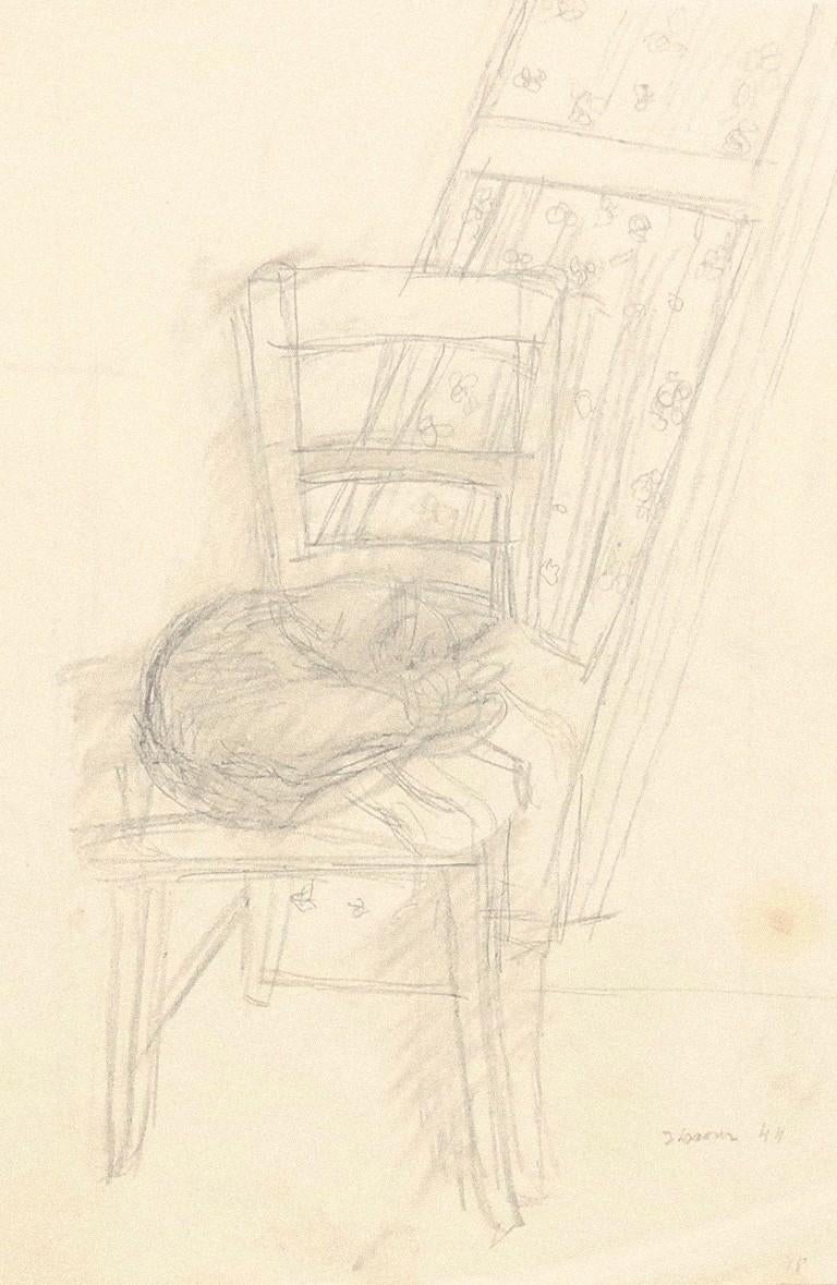 Katze auf dem Stuhl ist eine Originalzeichnung mit Bleistift auf Papier von Jeanne Daour.

Der Erhaltungszustand ist bis auf einige Knicke und Flecken gut.

Rechts unten handsigniert und datiert 1944.

Blattgröße: 33,8 x 21,8 cm

Das Kunstwerk