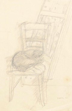 Vintage Cat on the Chair - Original Pencil on Paper by Jeanne Daour - 1944