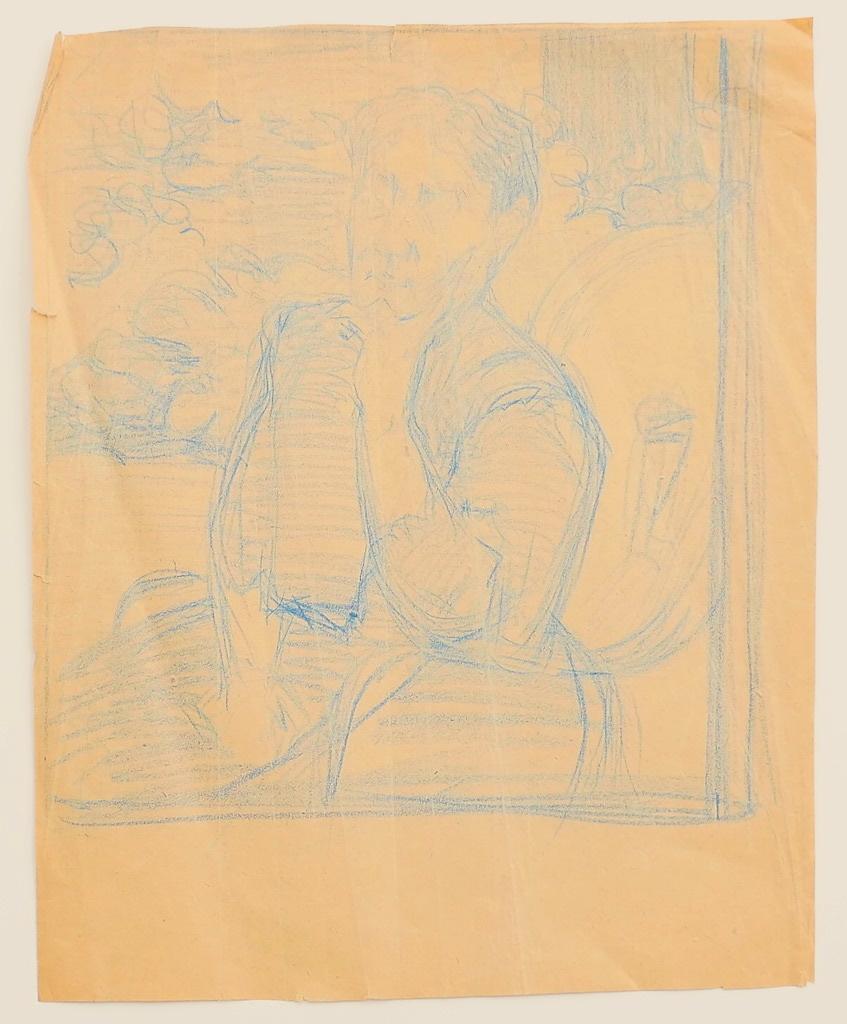 Femme assise est un dessin original au crayon bleu sur papier réalisé par Jeanne Daour.

L'état de conservation est bon, à l'exception de quelques pliures.

Dimension de la feuille : 27,5 x 22 cm

L'œuvre représente une femme assise et