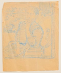 Sitzende Frau – Original Blu-Bleistift auf Papier von Jeanne Daour – 20. Jahrhundert