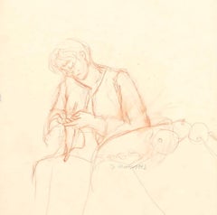 Femme travaillant - Crayon original sur papier de Jeanne Daour - 1942