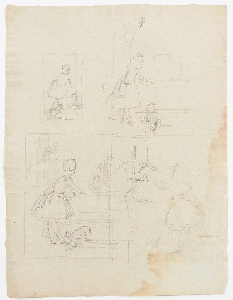 Figure è un disegno originale a matita realizzato da un artista Anonimo attivo nel 1900.

Dimensioni del foglio: 30,5 x 23 cm.

Lo stato di conservazione è buono e invecchiato e c'è una traccia di umidità sull'angolo inferiore destro del