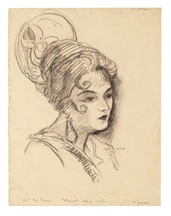 Antique Portrait of Woman - Pencil Drawing - 20th Century