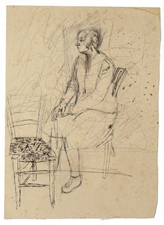 Intérieur - Crayon et encre de Chine sur papier d'origine de Jeanne Daour - 20ème siècle