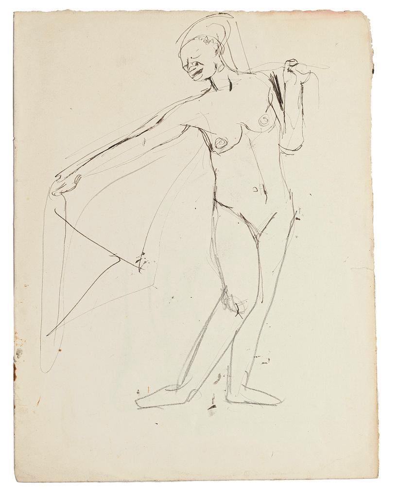 Figure is an original drawing in pencil on paper realized by Jeanne Daour.

The state of preservation is good except for some diffused foxings.

Sheet dimension: 32.5 x 25 cm

The artwork represents two posed figures on both sides of the paper,