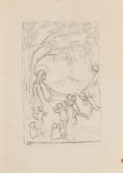 Vintage Sacred Scene - Original Pencil Drawing - 20th Century