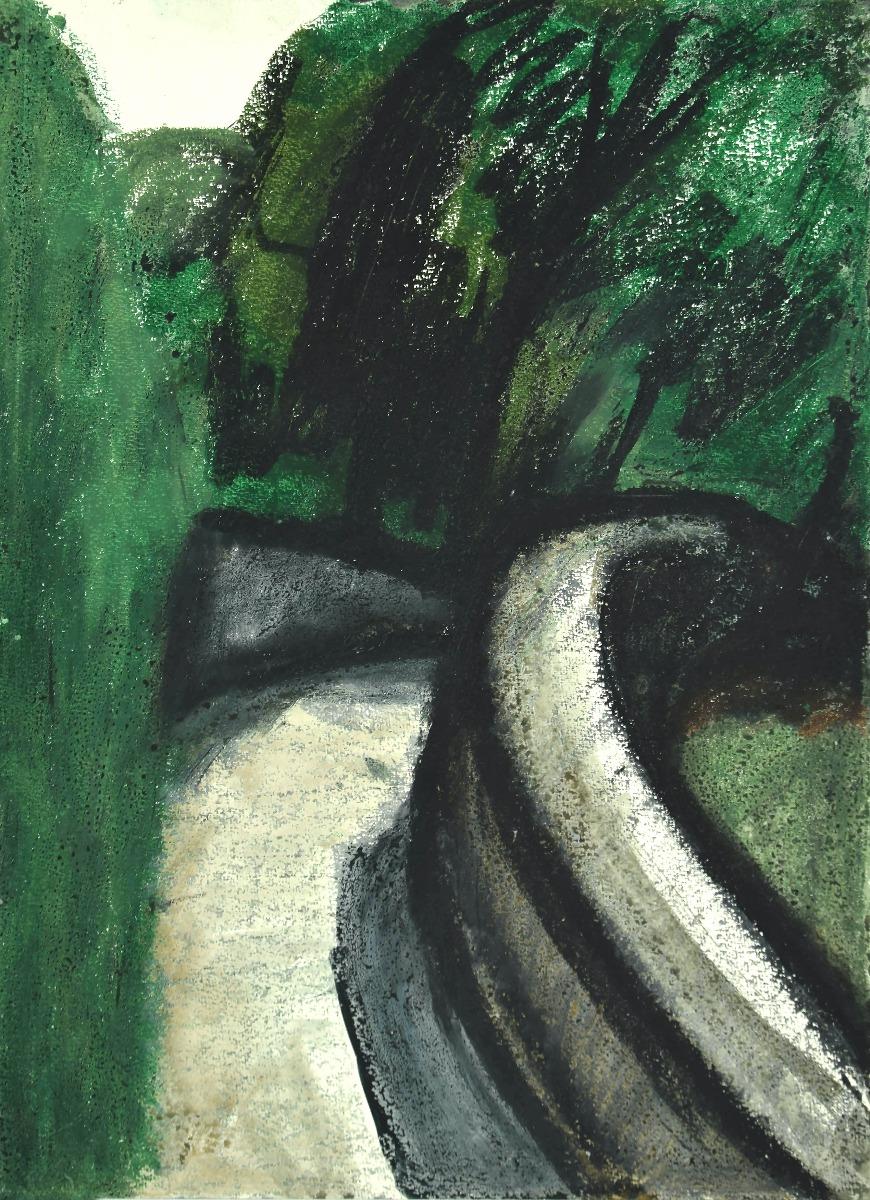 Landscape is an original drawing artwork in mixed media, charcoal and oil pastel, on cardboard, realized by Sun Jingyuan in 1970s.
The state of preservation is very good.

Sheet dimension: 54.5 x 39.5 cm.

The artwork represents a beautiful