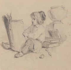 Vintage Little Girl Reading - Original Pencil Drawing - 20th Century