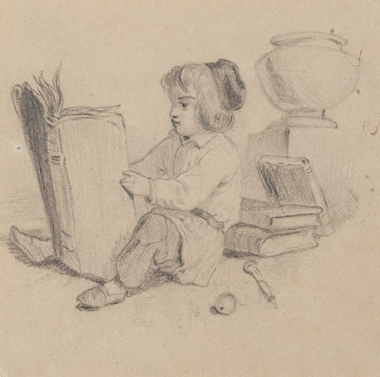 Unknown Portrait - Little Girl Reading - Original Pencil Drawing - 20th Century