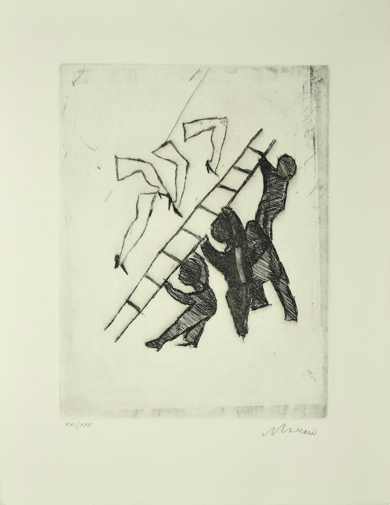 Asalto es una obra de arte original realizada por Mino Maccari en 1960 ca.

Grabado en blanco y negro sobre papel.

Firmado a mano por el artista en la parte inferior izquierda. 

Numerada en la parte inferior izquierda. Edición de XXI / XXX.

La