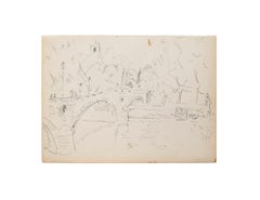 Le pont - Crayon original sur papier ivoire - 1950