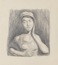 Vintage Girl Posing - Original Pencil Drawing - 20th Century