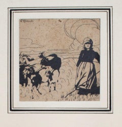 Pastorella (Shepherdess)- China Ink on Paper by G. Roveroni - Early 20th Century