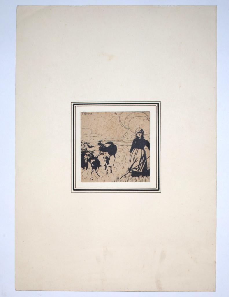 Pastorella (pastorella) - China Ink su carta di G. Roveroni - Inizio XX secolo in vendita 1
