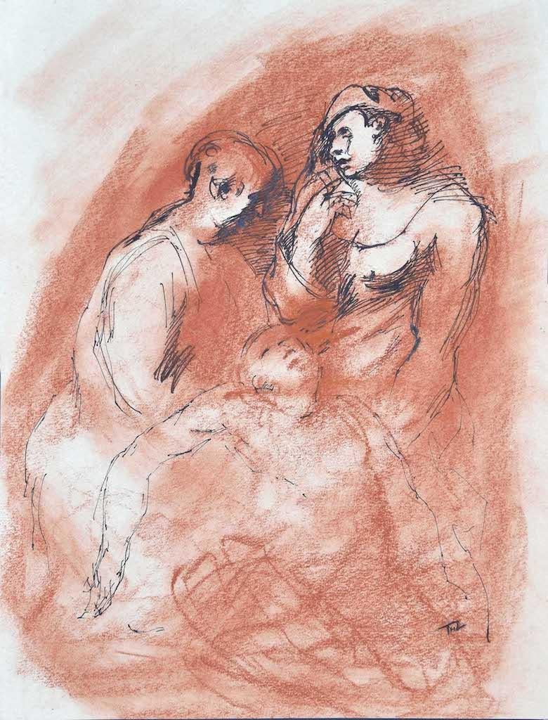 Unknown Figurative Art - Figures - Original Pencil and Pastel on Paper - Mid 20th Century