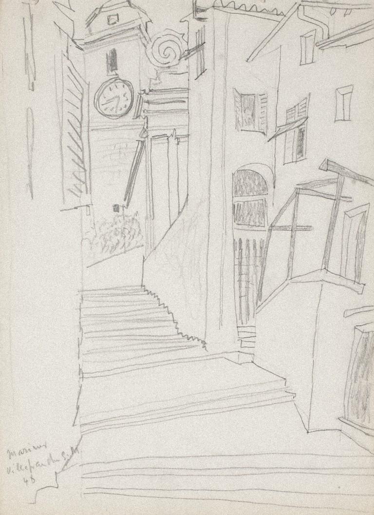 Unknown Interior Art – Landschaftslandschaft – Bleistift auf Papier – 1948