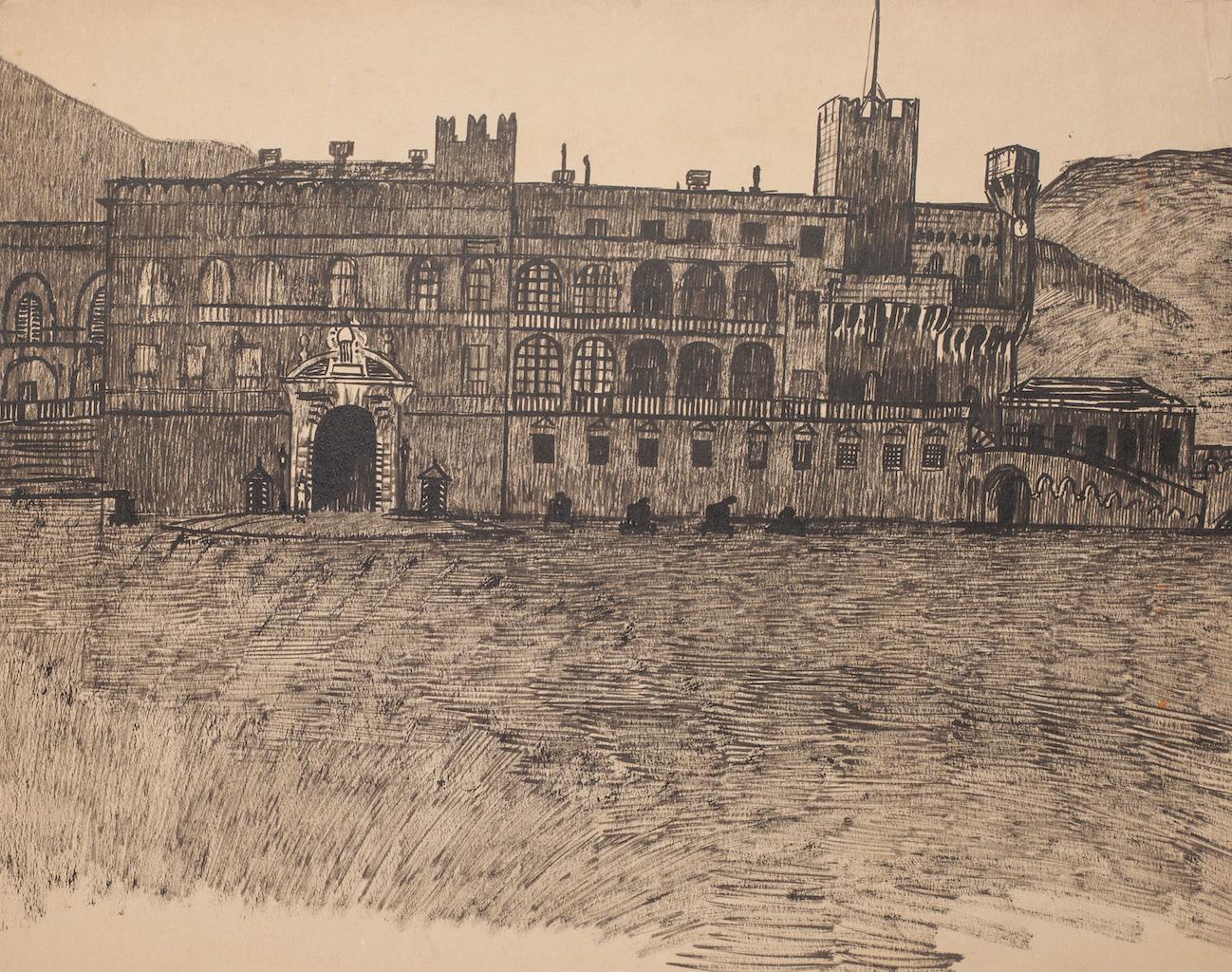 Figurative Art de Unknown - Palacio fortificado - Dibujo a pluma - Finales del siglo XIX