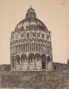 Antique Pisa Baptistery - Pen on Paper - Late 19th Century