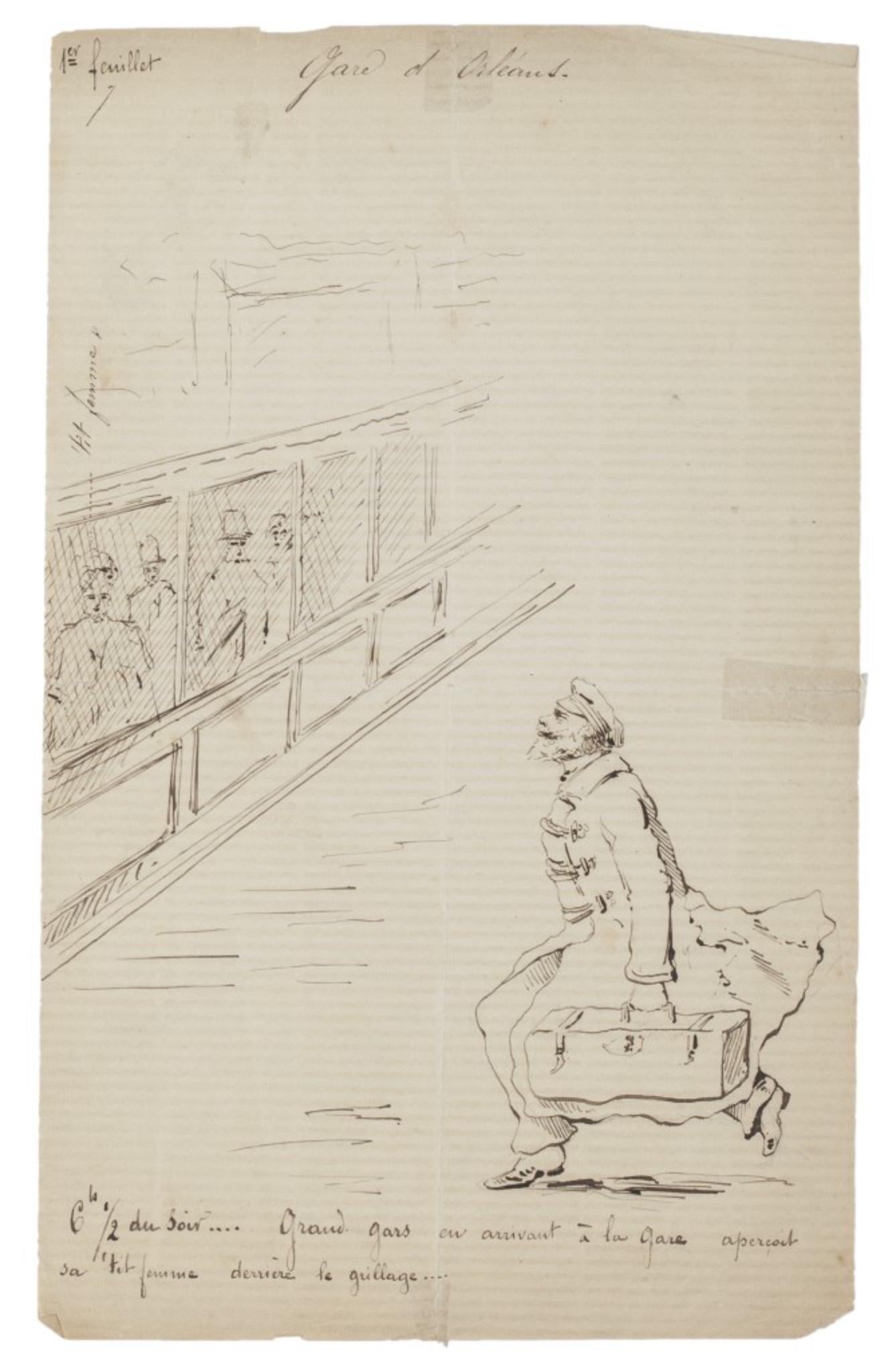 Unknown Figurative Art - La Gare d'Ostande - Original Drawing in Pen - Late 19th Century