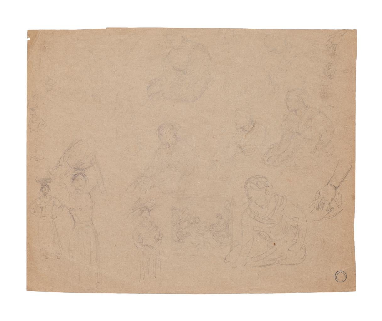Unknown Figurative Art - Figures - Pencil on Brownish Paper - 20th Century