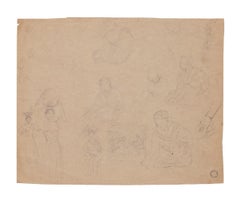 Vintage Figures - Pencil on Brownish Paper - 20th Century