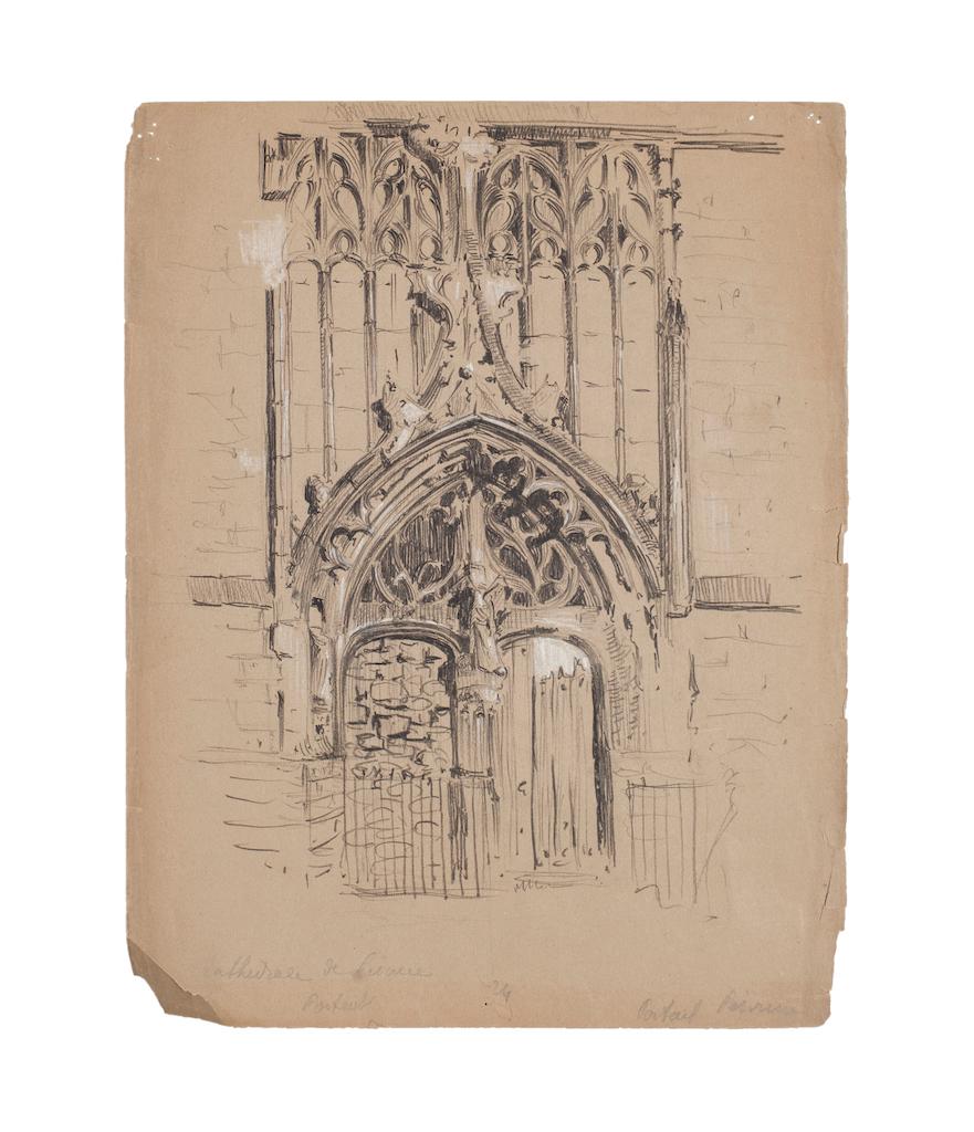 Unknown Figurative Art - Portal of the Cathedral - Mixed Media Brownish Paper - Early 20th Century