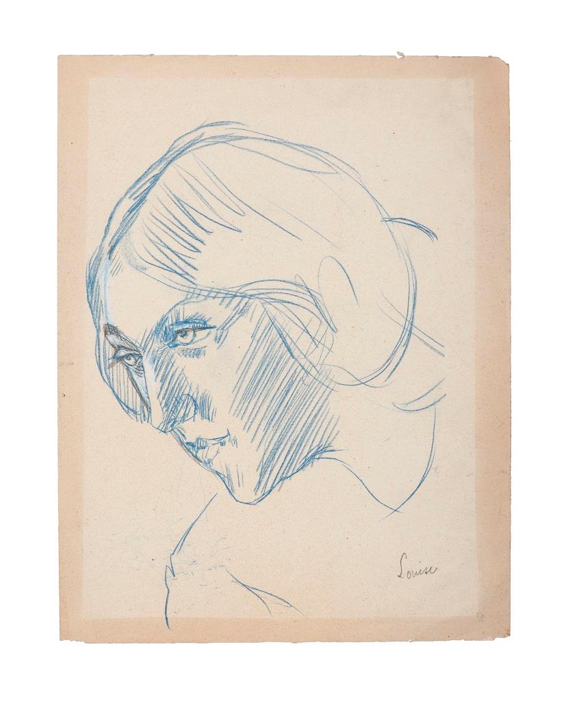 Portrait of Woman - Blue Pastel on Cardboard - 20th century - Art by Unknown