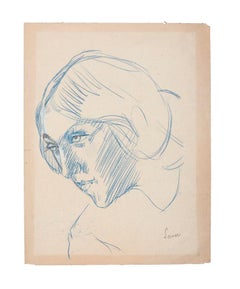 Portrait of Woman - Blue Pastel on Cardboard - 20th century