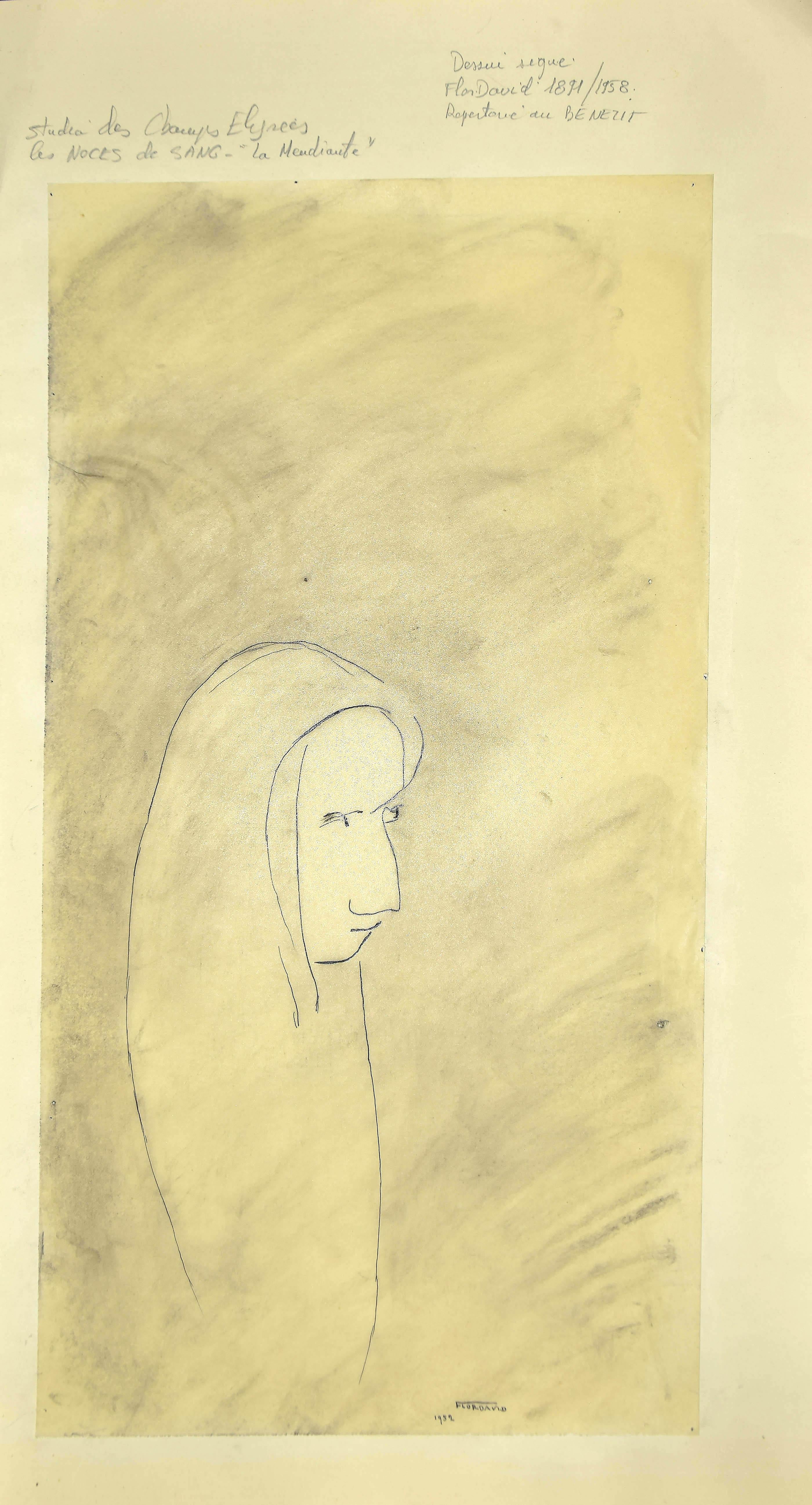 Robe Devant -  Dessin à l'encre et au crayon de Chine noire  1952