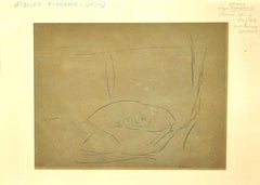 Figura - Disegno a matita e inchiostro di china nero -  1950s